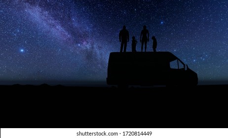 Beautiful abstract with family looks stars on dark background. Silhouettes of people stand on a minivan 3d rendering