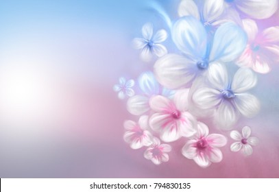 Beautiful Abstract Hand-drawn Watercolor Flowers Close-up On A Gentle Pink And Light Blue Background. Refined Delicate Elegant Artistic Image Of Nature In Spring With Free Space For Text.