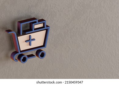 Beautiful Abstract Illustrations Blue And Golden Shopping Cart With Plus Symbol Icons On A Wall Beton Background. 3d Rendering Illustration. Background Pattern For Design. Online Shopping.	