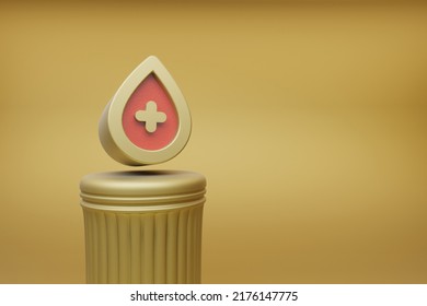 Beautiful Abstract Illustrations Golden Blood Donation Plus + Symbol Icons On A Golden Column And Wonderful Background. 3d Rendering Illustration. Background Pattern For Design. 