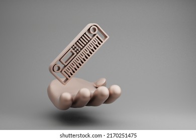Beautiful abstract illustrations Golden Hand Holding musical Long Synthesizer symbol icon on a gray background. 3d rendering illustration. Background pattern for design.
