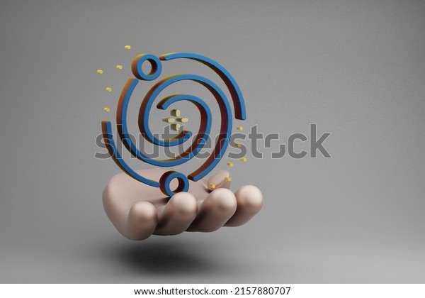 Beautiful abstract illustrations Golden Hand\
Holding Galaxy and start symbol icon on a gray background. 3d\
rendering illustration. Space\
exploration.