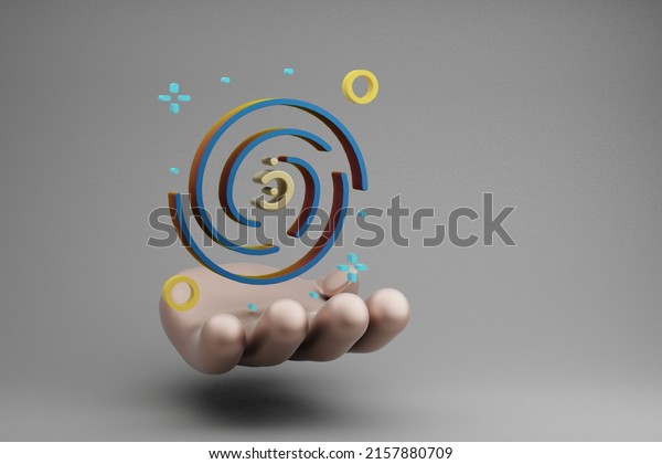 Beautiful abstract illustrations Golden Hand\
Holding Galaxy and start symbol icon on a gray background. 3d\
rendering illustration. Space\
exploration.