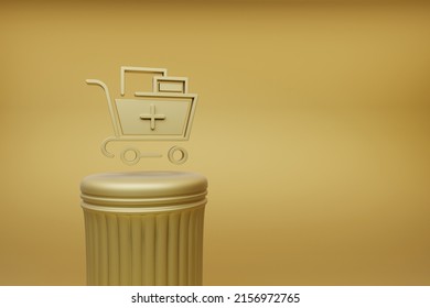 Beautiful Abstract Illustrations Golden Shopping Cart Plus Symbol Icons On A Golden Column And Wonderful Background. 3d Rendering Illustration. Background Pattern For Design. Online Shopping