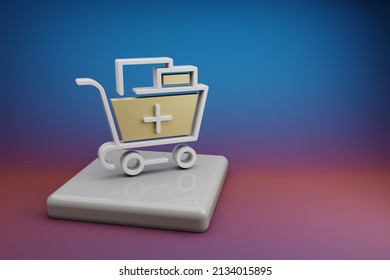 Beautiful Abstract Illustrations Shopping Cart Plus Symbol Icon On A  Ceramic Stand And Bright Colored Background. 3d Rendering Illustration. Background Pattern For Design. Online Shopping.