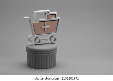 Beautiful Abstract Illustrations Shopping Cart Plus Symbol Icons On A Column And Wonderful Background. 3d Rendering Illustration. Background Pattern For Design. Online Shopping.