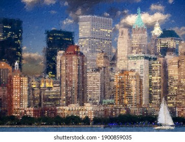 Beautiful Acrylic Painting of New York City Buildings. Watercolor Digital Drawing Cityscape Big City Downtown. Oil Painting on Canvas of New York Skyscapers American Town. Use for home decoration Art