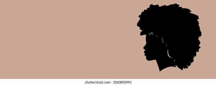 Beautiful African American Woman, Silhouette Profile In Black, Curly Afro Hair.