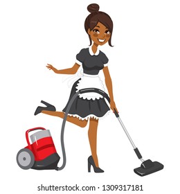 Beautiful African American woman in vintage maid dress cleaning using red vacuum cleaner - Powered by Shutterstock