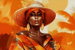 Beautiful African Woman Illustration. Stylish Woman Clip Art. Artistic Woman Dress Print. 