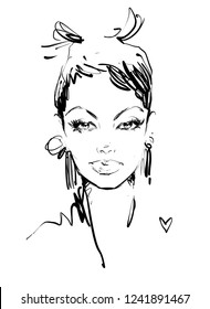 Beautiful Afro American Woman Face Closeup Portrait Drawn In Black And White Ink Sketch Vogue Style. Freehand Modern Fashion Illustration.