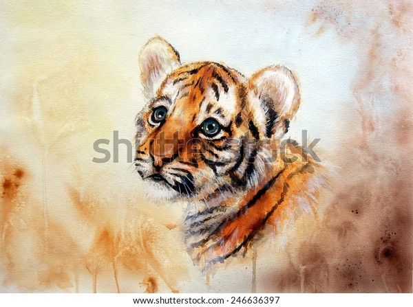 A beautiful airbrush painting of an adorable baby tiger head looking up, on abstract blurry background profile portrait eye contact.
