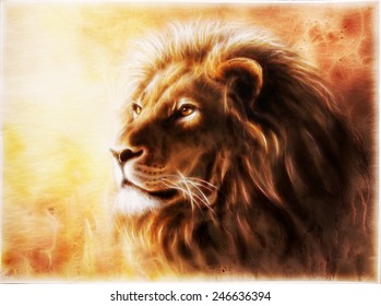 A beautiful airbrush painting lion head and majesticaly peaceful expression and fractal efect profile portrait