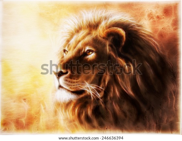 A beautiful airbrush painting of a lion head with a majestically peaceful expression with fractal effect profile portrait, wallpaper. 