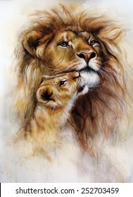 A beautiful airbrush painting of a loving lion  and her baby cub