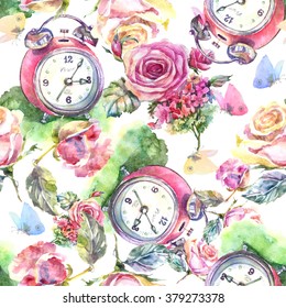 Beautiful alarm clock and roses flowers   butterflies seamless pattern 