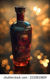 A Beautiful Alcohol Bottle With A Skull Sculpted In The Glass At The Bottom. Scary Death Face Engraved In Glass.  Red Glass. Photo Realistic, Concept Art, Background, Illustration. Cinematic Light