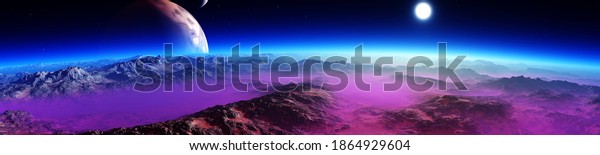 Beautiful alien landscape from low\
orbit, panorama of another planet at sunset, 3D\
rendering