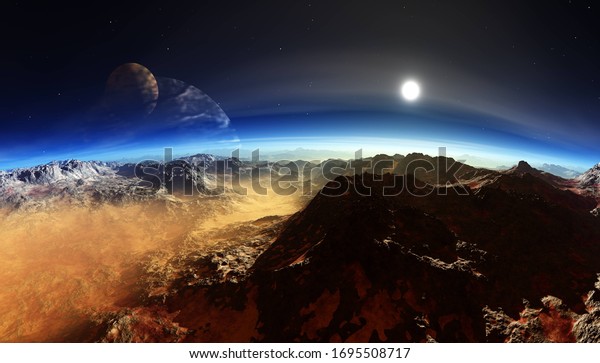 Beautiful alien landscape, panorama of the\
surface of a fantasy planet, unknown world in space, Martian\
chronicles, 3D\
rendering