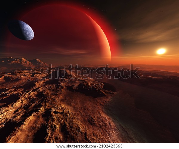 beautiful alien landscape at the rising of a\
star and a parade of planets, alien world, the surface of another\
planet, fantastic landscape,  3D\
rendering