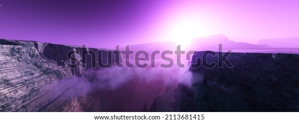 beautiful alien landscape at the rising of a\
star and a parade of planets, alien world, the surface of another\
planet, fantastic landscape 3D\
rendering