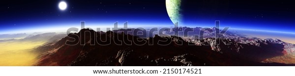 beautiful alien landscape at the rising of a
star and a parade of planets, alien world, the surface of another
planet, fantastic landscape 3D
rendering
