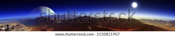 beautiful alien landscape at the rising of a\
star and a parade of planets, alien world, the surface of another\
planet, fantastic landscape 3D\
rendering