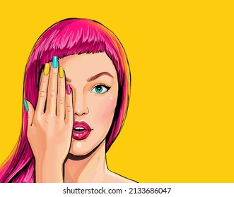 Beautiful amazed young sexy woman  touching her face in comic style. Beauty Girl  with Colorful Nail polish. Advertising poster of beauty saloon or nail bar.
