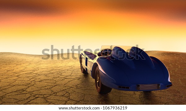 Beautiful Ancient sports car Sunset time\
Cracked Ground. 3d\
rendering