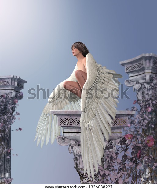 古い天の柱の上に羽の羽を乗せた美しい天使の女の子 3dレンダリング のイラスト素材