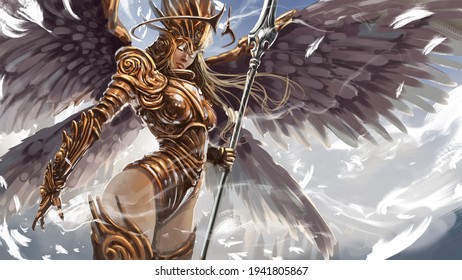  A beautiful angel woman, a warrior, with a long spear, she wears chased plate armor with patterns, she has a beautiful body and long hair. White spiritual magic flows from her weapon