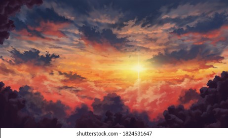 Beautiful Anime Evening Clouds Background Landscape Illustration - Shutterstock ID 1824531647