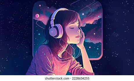 Beautiful anime girl floating in space  listening to music and headphones  Manga  cartoon drawing pretty woman relaxing  Lofi hip hop music  Study girl chilling  Artwork space  stars   planet
