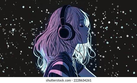 Beautiful anime girl floating in space, listening to music with headphones. Manga, cartoon drawing of pretty woman relaxing. Lofi hip hop music. Study girl chilling. Artwork of space, stars and planet