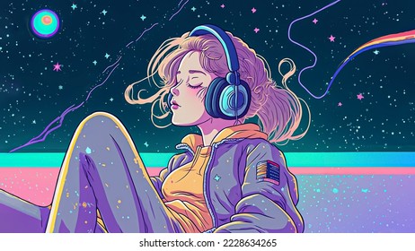 Beautiful anime girl floating in space  listening to music and headphones  Manga  cartoon drawing pretty woman relaxing  Lofi hip hop music  Study girl chilling  Artwork space  stars   planet