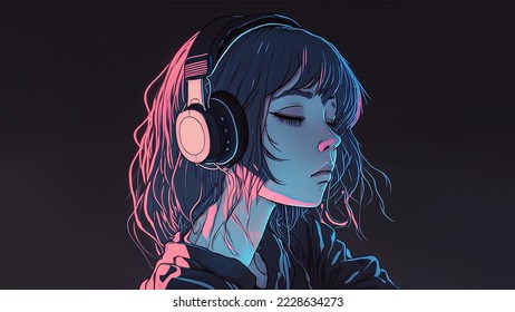 Beautiful anime girl listening