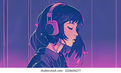 Beautiful anime girl listening to music and headphones  Manga  cartoon drawing pretty woman relaxing   listening to lofi hip hop music  Study girl chilling  Colorful comic style artwork 