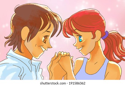 Beautiful Anime Happy Couple Holding Hands Stock Illustration