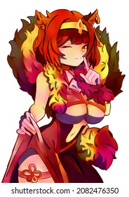 Beautiful Anime Manga Girl Hellish Demonic Fox With Fiery Red Tail And Hair And Fur Collar Sticker