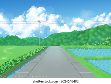 Beautiful Anime Rice Field Background Landscape Stock Illustration ...