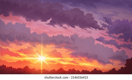 Beautiful Anime Sky Clouds Sunset View Wallpaper Background Landscape