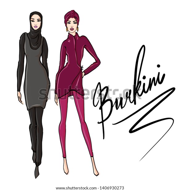 Beautiful Arab Girls Burkini Hand Drawn Stock Illustration 1406930273 Shutterstock 0896