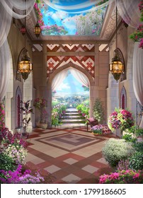 Beautiful Arabian arch with flowers, lanterns, desert views and tulips. Digital collage , mural and fresco. Wallpaper. Poster design. Modular panno.