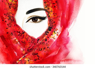 Beautiful Arabic woman. perfect makeup and accessories hiding her face behind a veil. Indian style. watercolor illustration