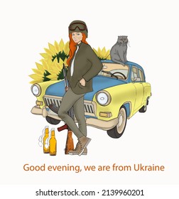 Beautiful armed Ukrainian woman with cat. Sunflowers and car and weapon.Concept of support and solidarity with Ukraine community.Good evening, we are from Ukraine