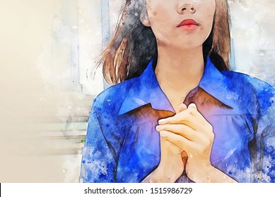 Beautiful Asia Women Portrait Are Praying And Blessing On Walking Street On Watercolor Illustration Painting Background.