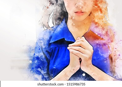 Beautiful Asia Women Portrait Are Praying And Blessing On Walking Street On Watercolor Illustration Painting Background.