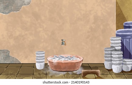 Beautiful Asian Family Yard Sink With Faucet, Sink, Low Wooden Chair, Dishes And Trash Can, Art, Cartoon, Illustration, Background