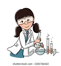 Beautiful Asian Girl In School Uniform With Set Of Test Tube And Reagent. Subject Collection - Chemistry. School Supplies. Back To School. Set Of Cute Illustration For Product Design In Cartoon Style