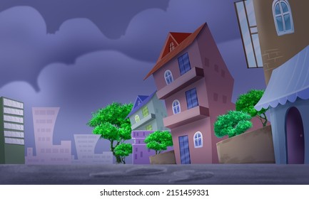 Beautiful Asian Streets Are Quiet, Peaceful, No People At Night, Art, Cartoon, Illustration, Background